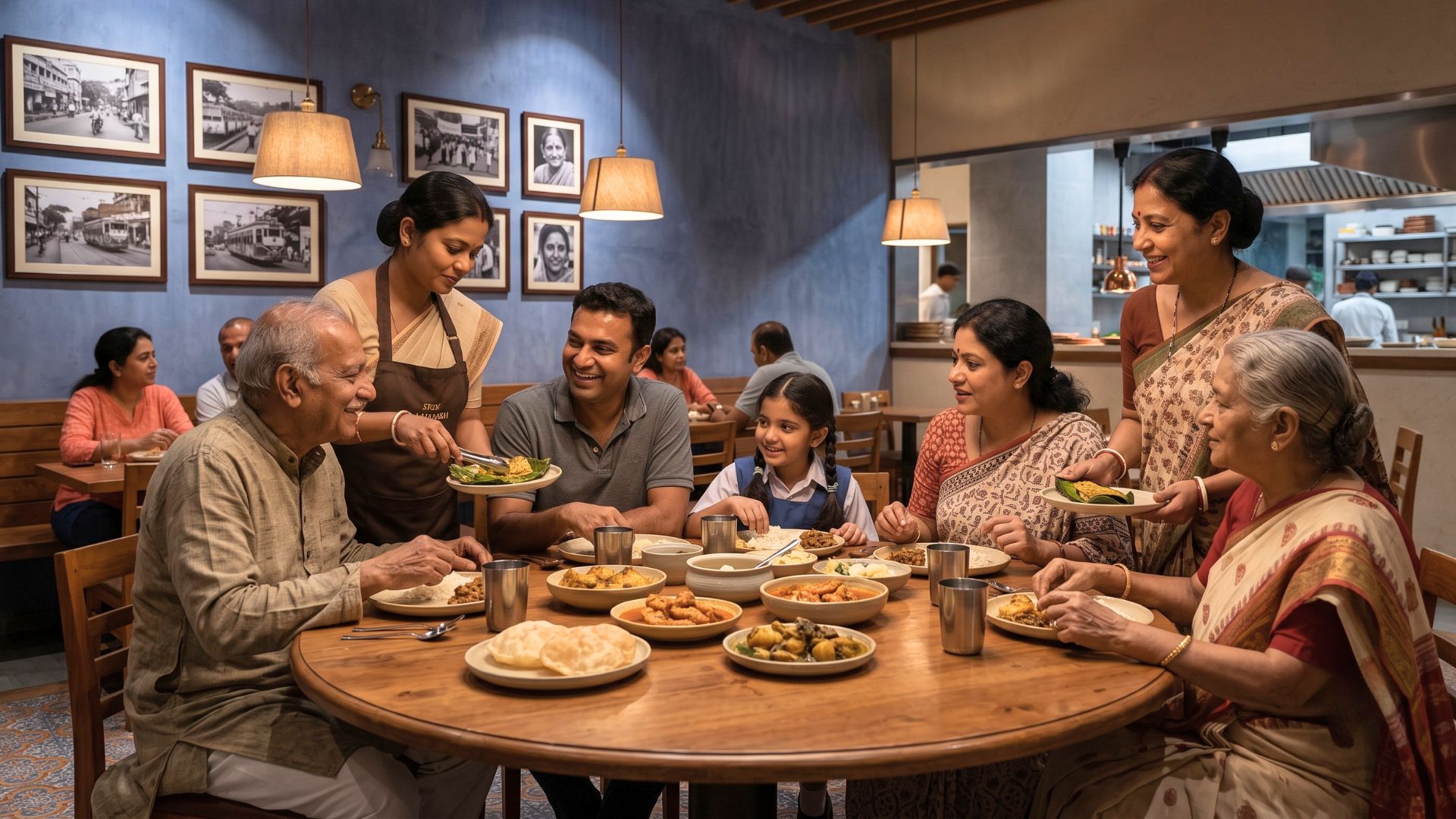 Consistent restaurant branding shown through lighting, music and staff uniforms