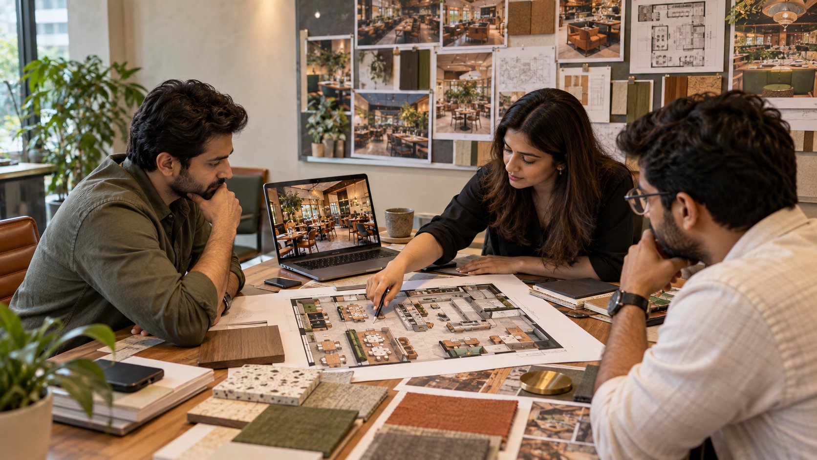 Restaurant owner reviewing a floor plan, moodboard and material samples with an F&B interior design team