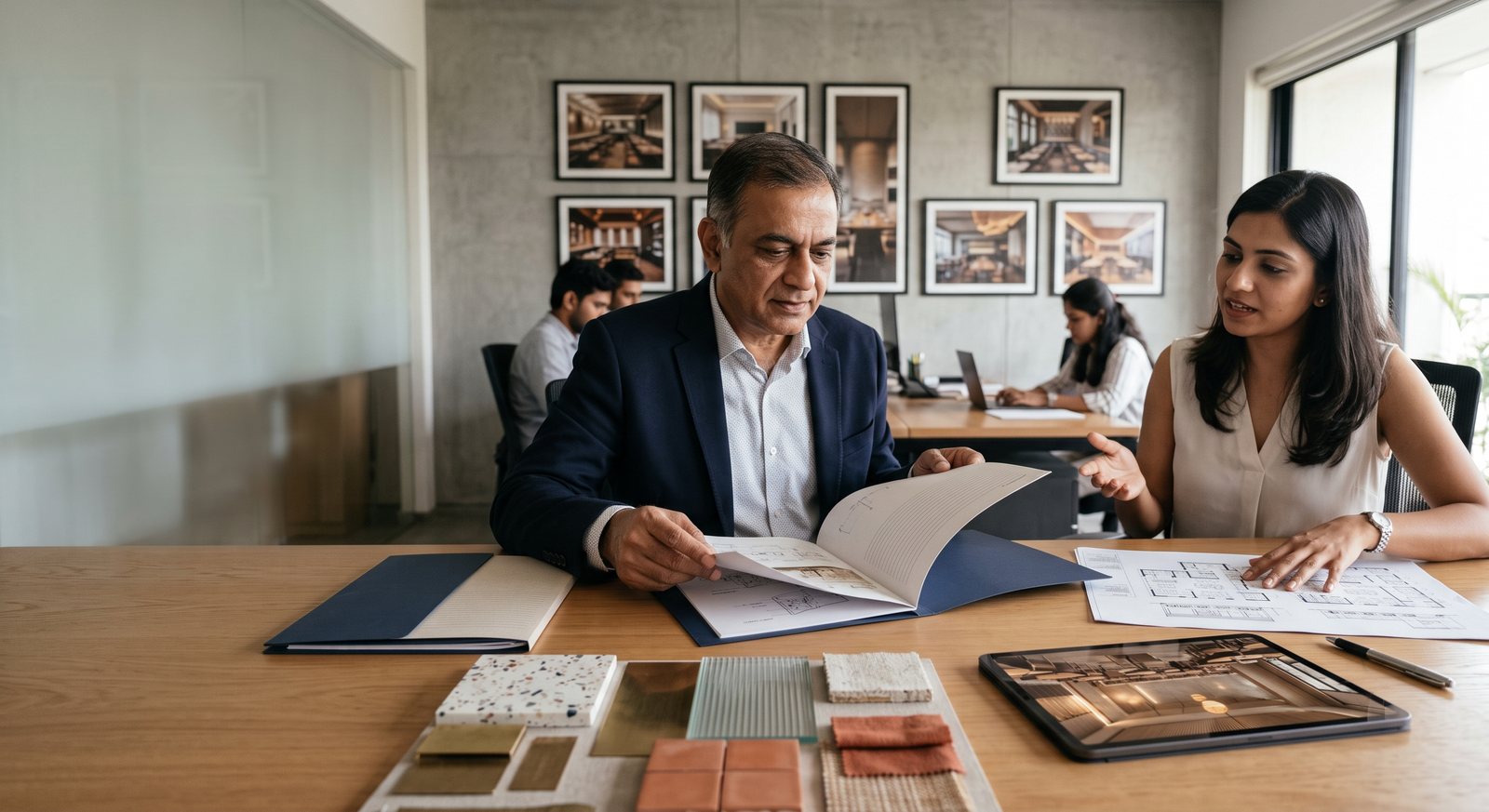 Restaurant owner reviewing a design proposal, floor plan and material samples with an F&B interior designer
