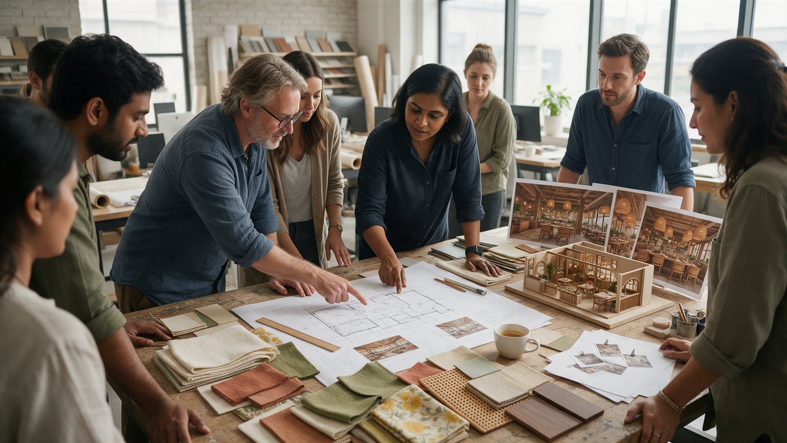 An international designer and a local design specialist working together over a restaurant floor plan, material samples and a scale model in a bright studio