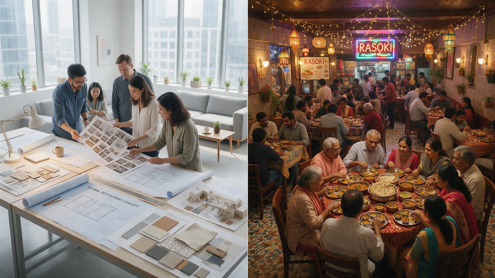 Split image: an international design team reviewing blueprints and mood boards in a studio beside a crowded, vibrant Indian restaurant full of families sharing a meal