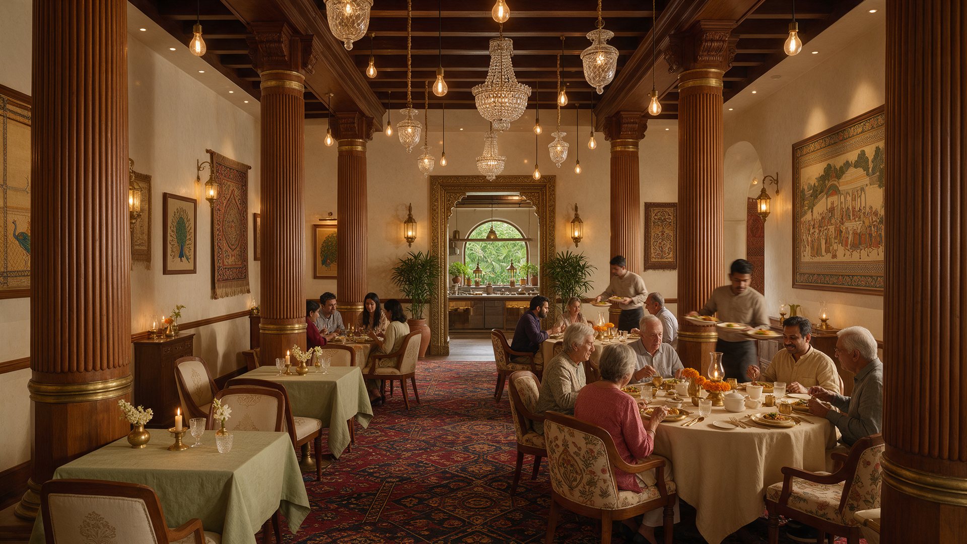 Warm, culturally rich restaurant interior in India with families and groups dining together under layered brass and crystal lighting