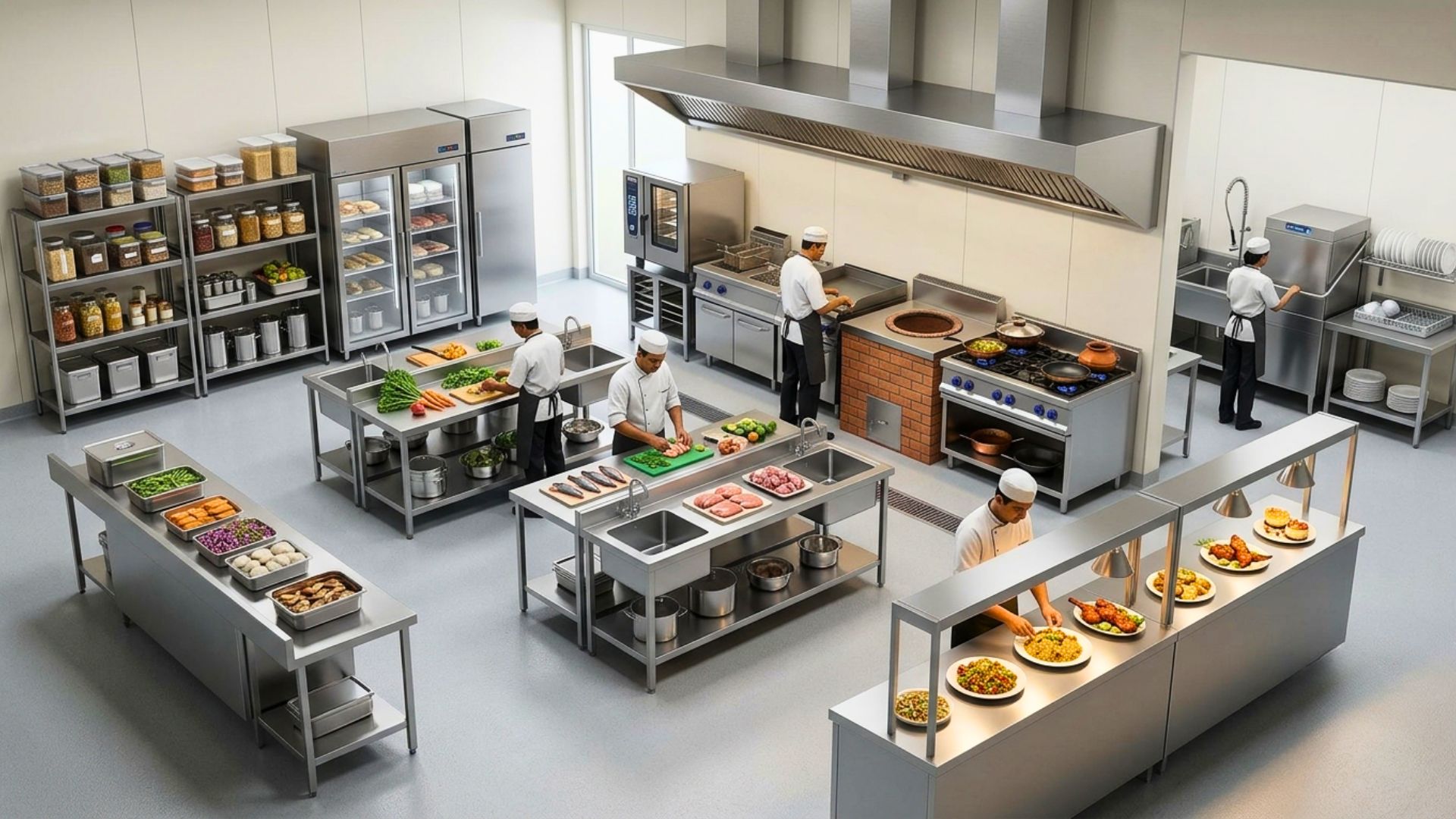 Kitchen space allocated across cleaning, storage, prep, cooking and service
