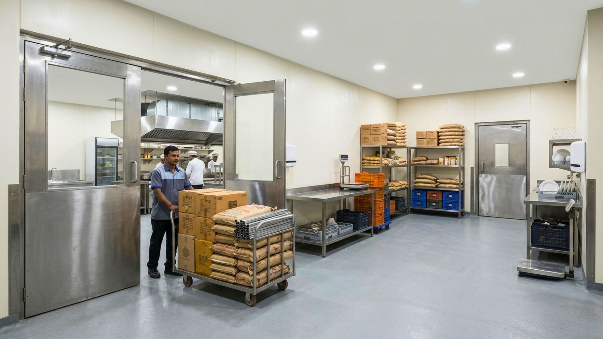 Kitchen space allocated across cleaning, storage, prep, cooking and service