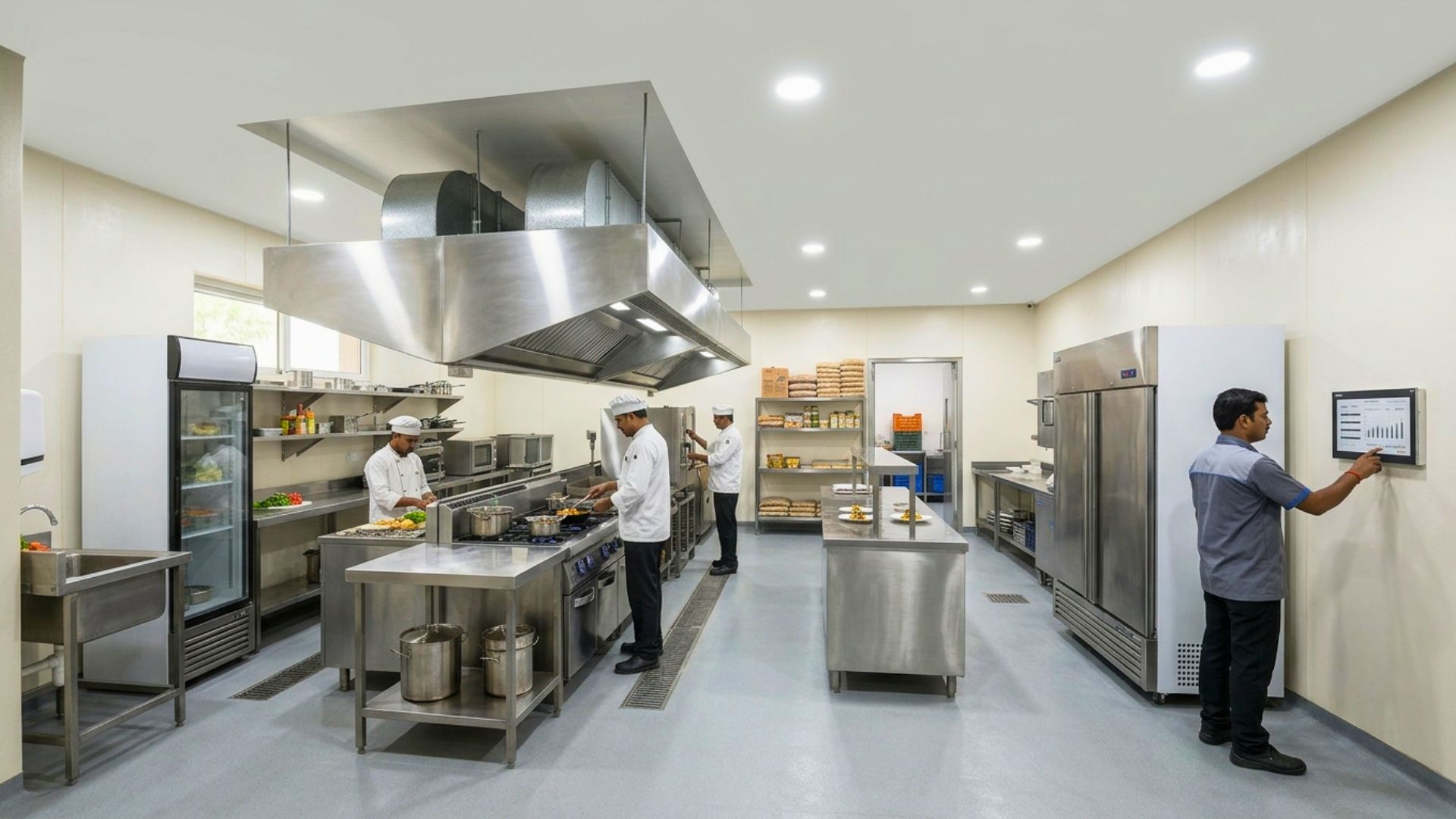 Kitchen space allocated across cleaning, storage, prep, cooking and service