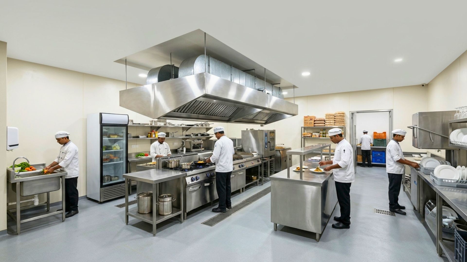 Kitchen space allocated across cleaning, storage, prep, cooking and service