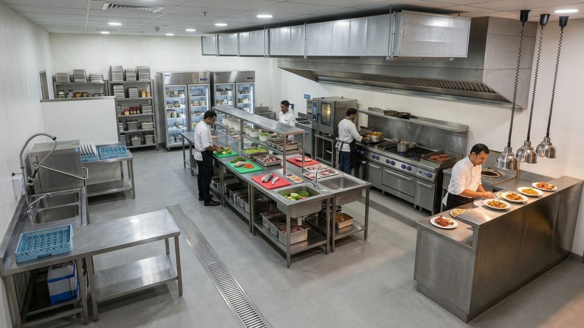 Kitchen space allocated across cleaning, storage, prep, cooking and service