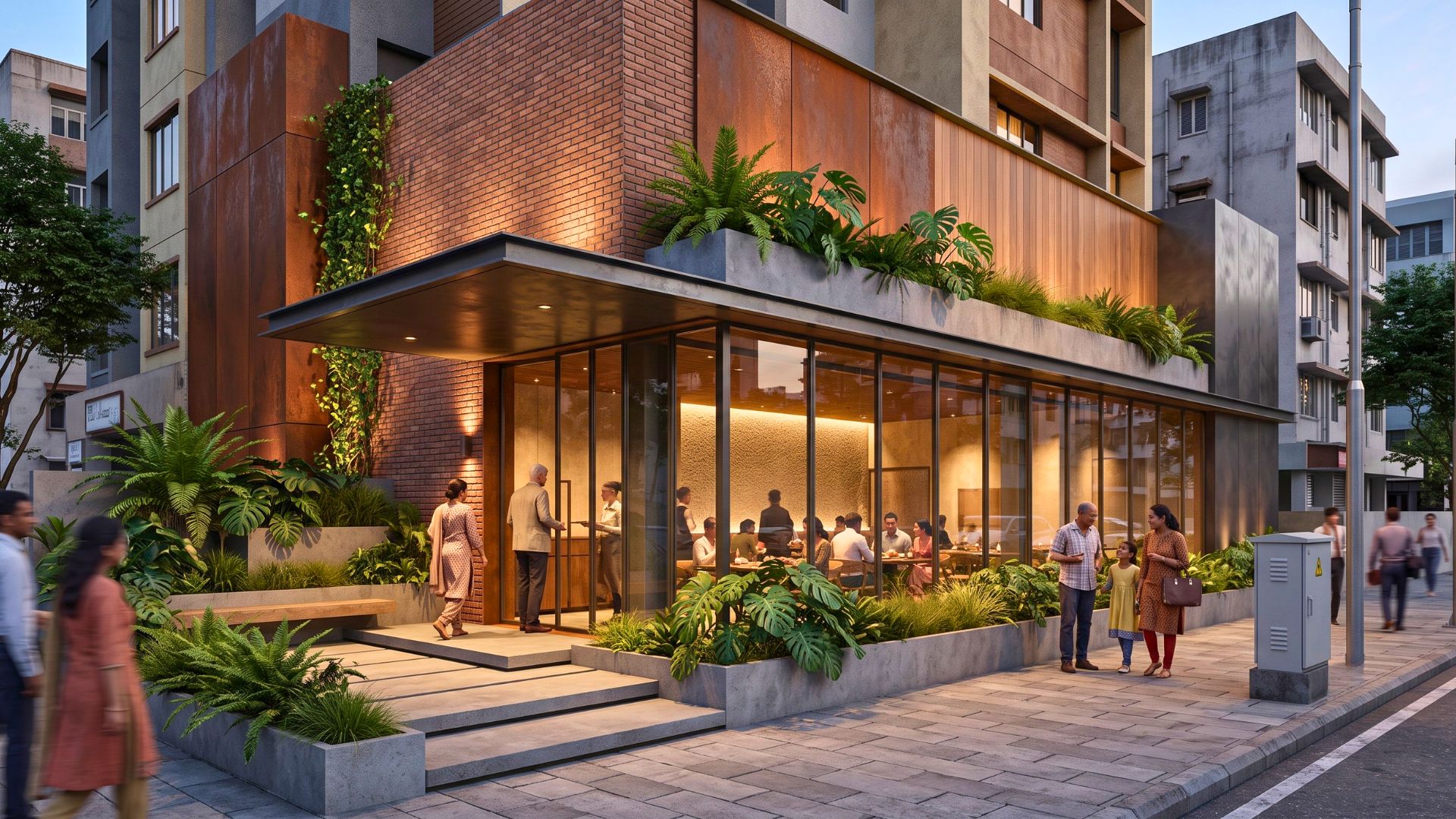 Restaurant external facade design and lighting