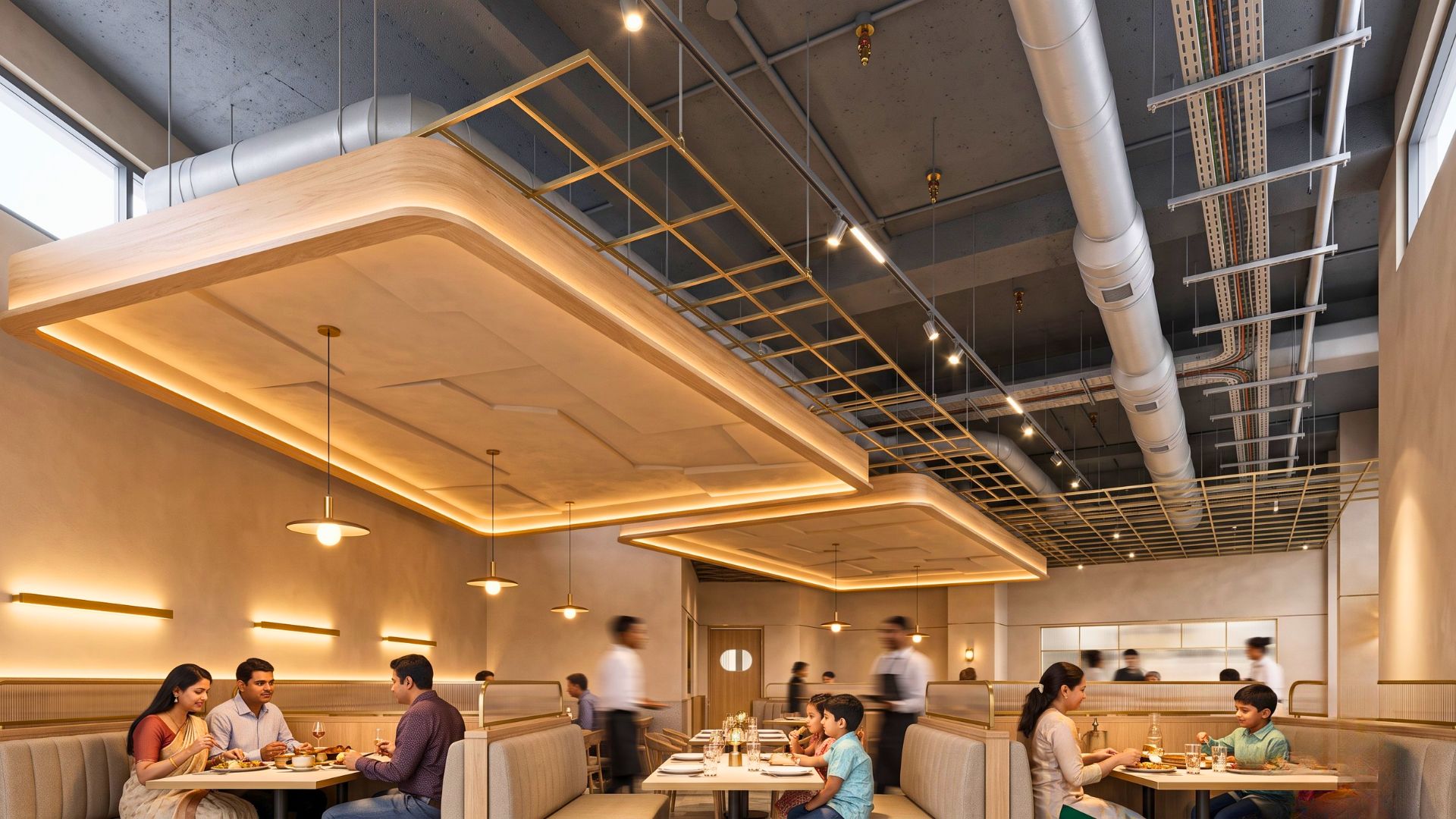 Combining false and raw ceiling design in a restaurant