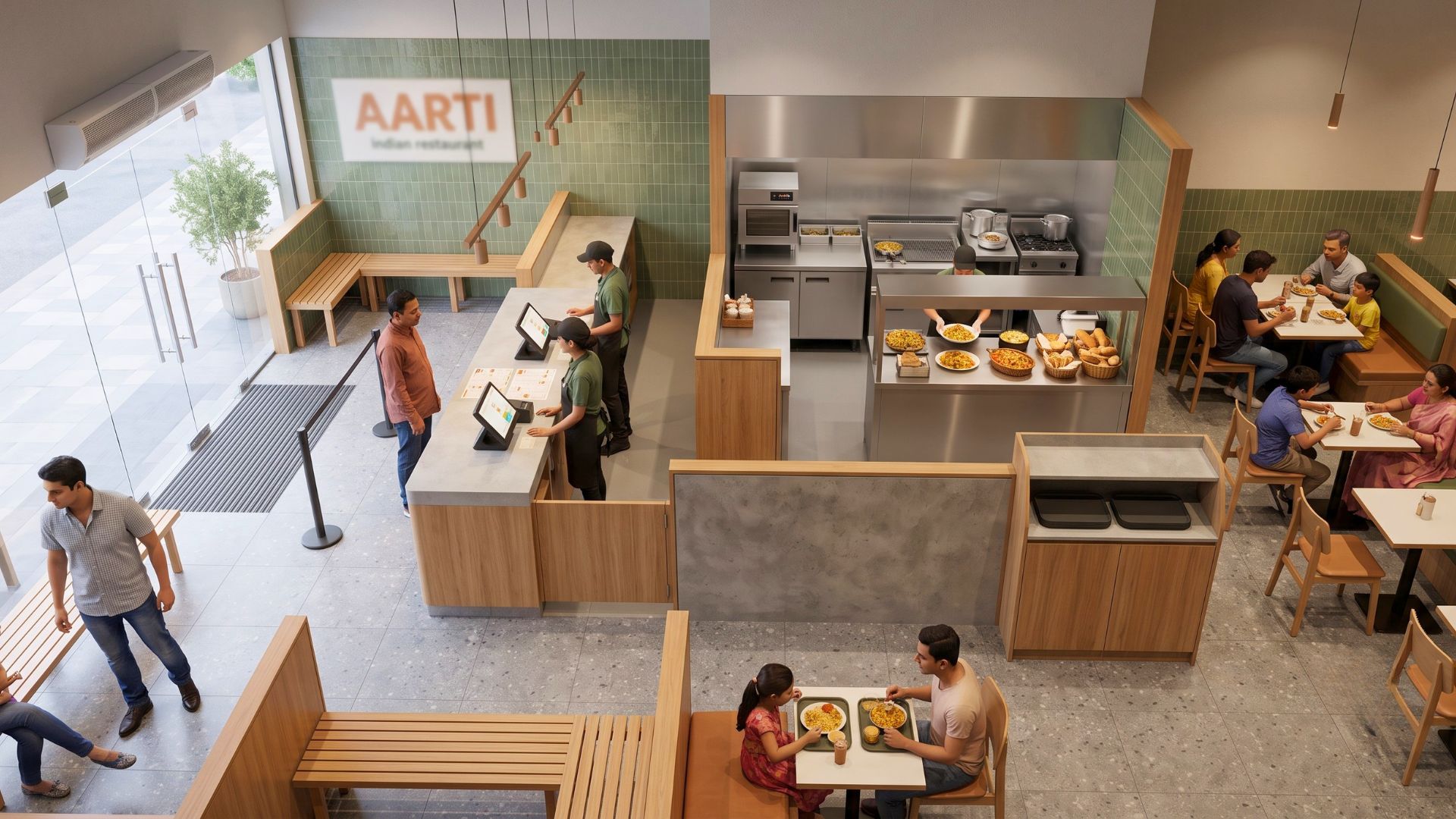Flooring used to zone different seating areas in a restaurant