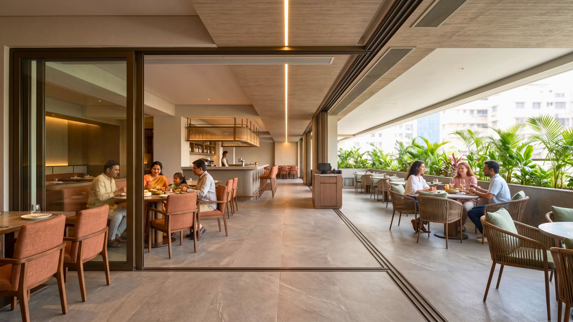 Warm lighting paired with greenery in a restaurant interior