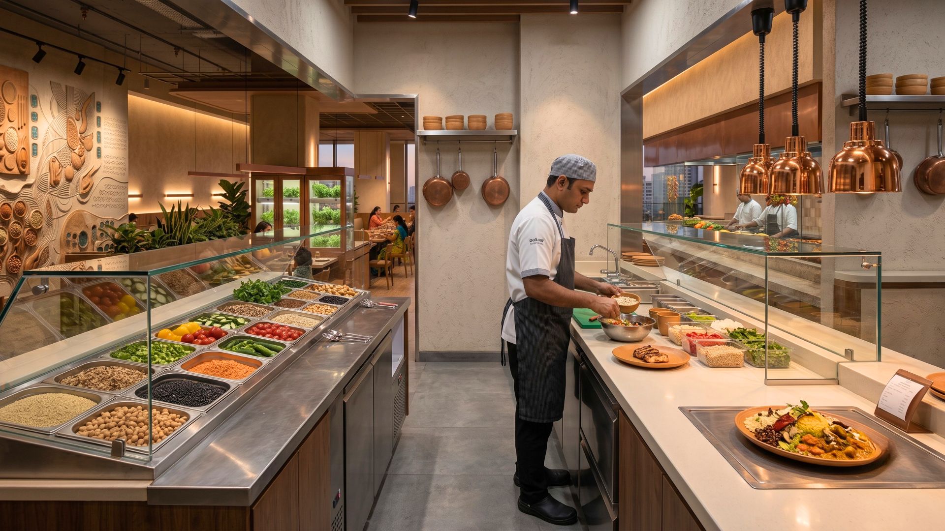 Compact laminate and quartz surfaces in a restaurant counter