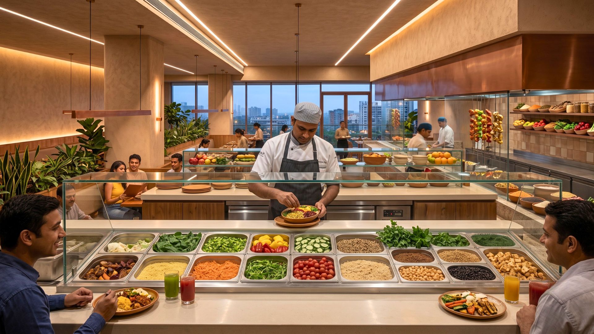 Compact laminate and quartz surfaces in a restaurant counter