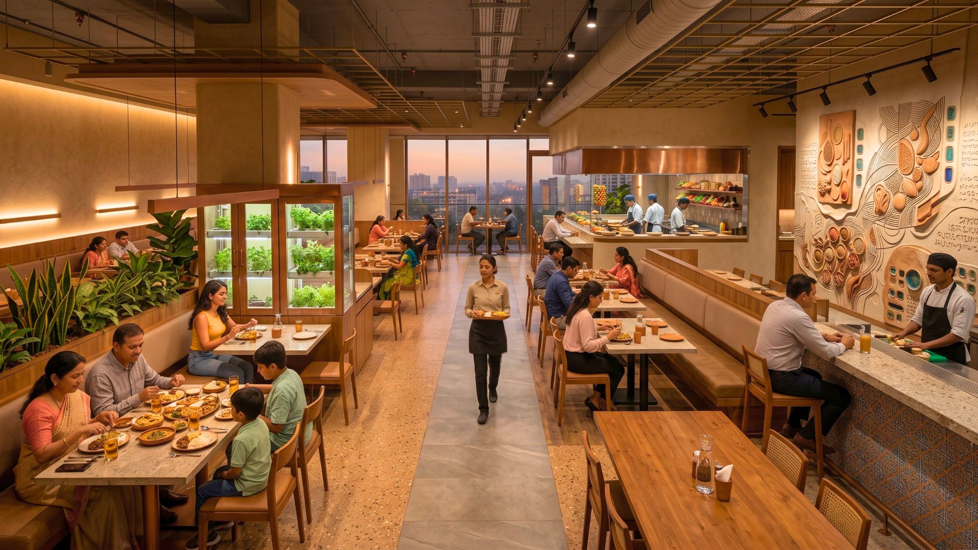 Compact laminate and quartz surfaces in a restaurant counter