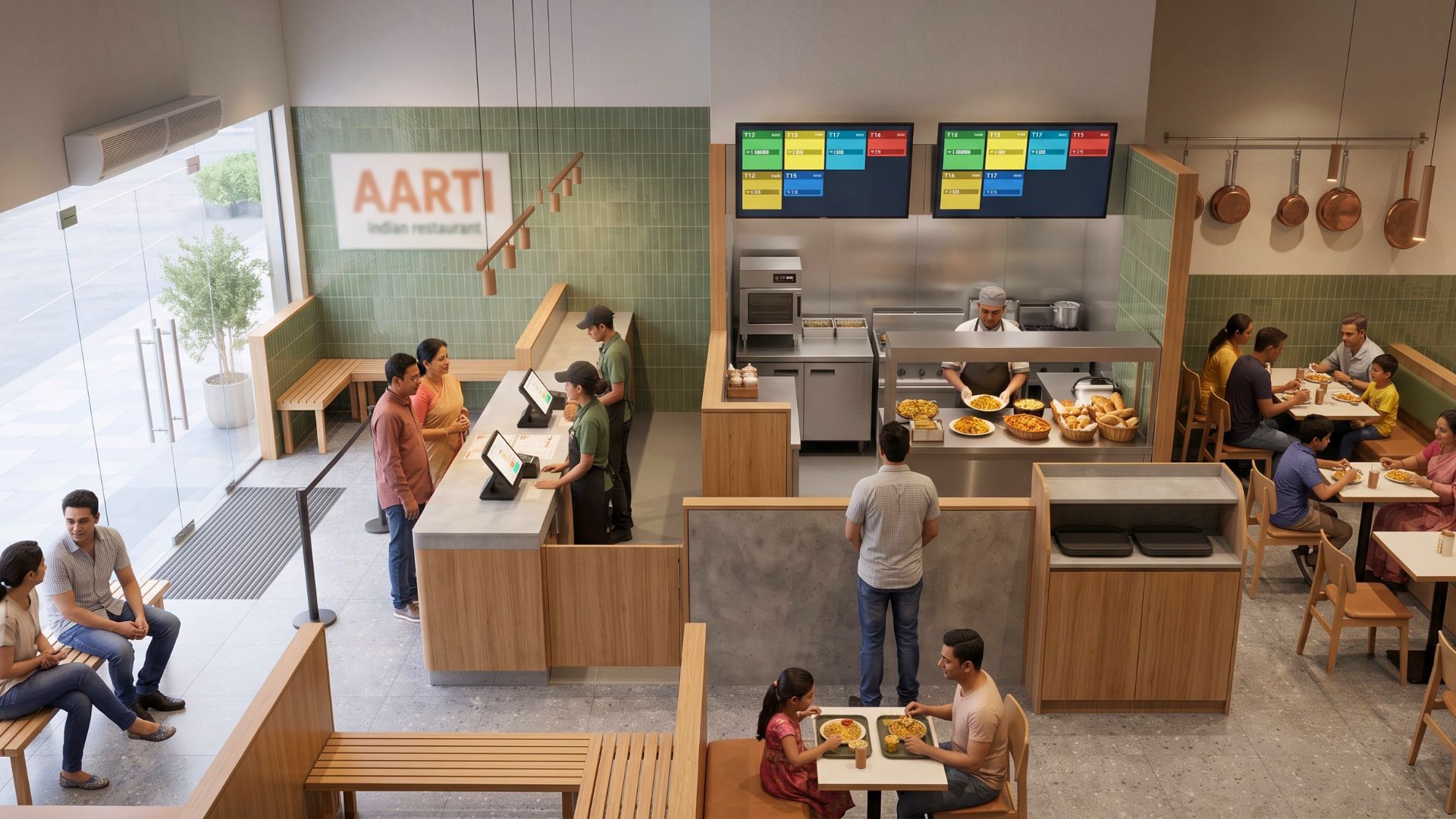 Compact laminate and quartz surfaces in a restaurant counter