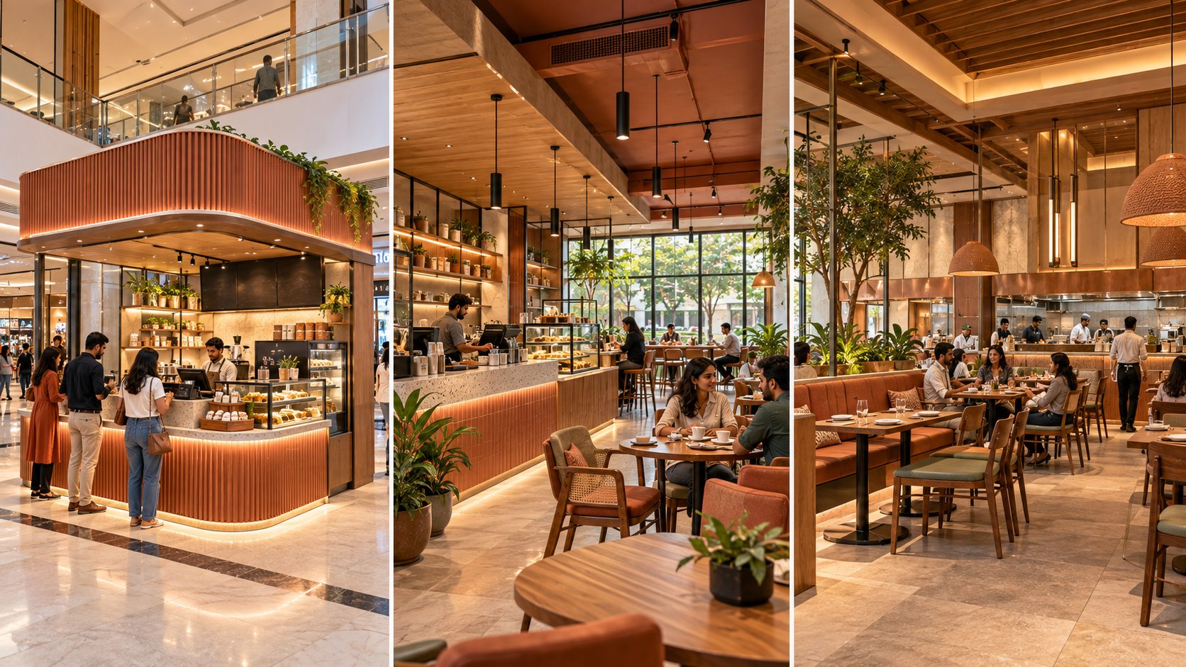 One design language rolled out across a mall kiosk, a caf&eacute; and a full-service restaurant