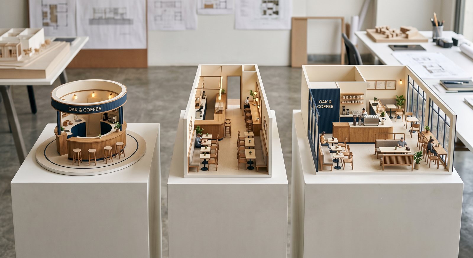 Scale models of one caf&eacute; brand adapted to a kiosk, a narrow inline store and a full caf&eacute;