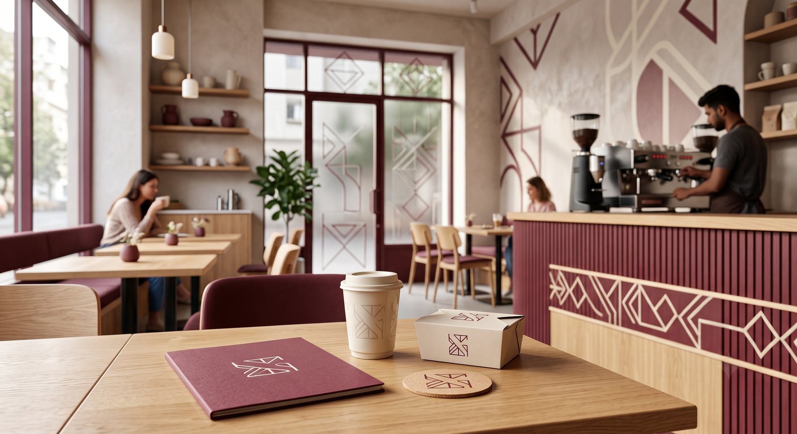 Caf&eacute; where the menu, packaging, coaster, door graphics and counter pattern all share one brand identity