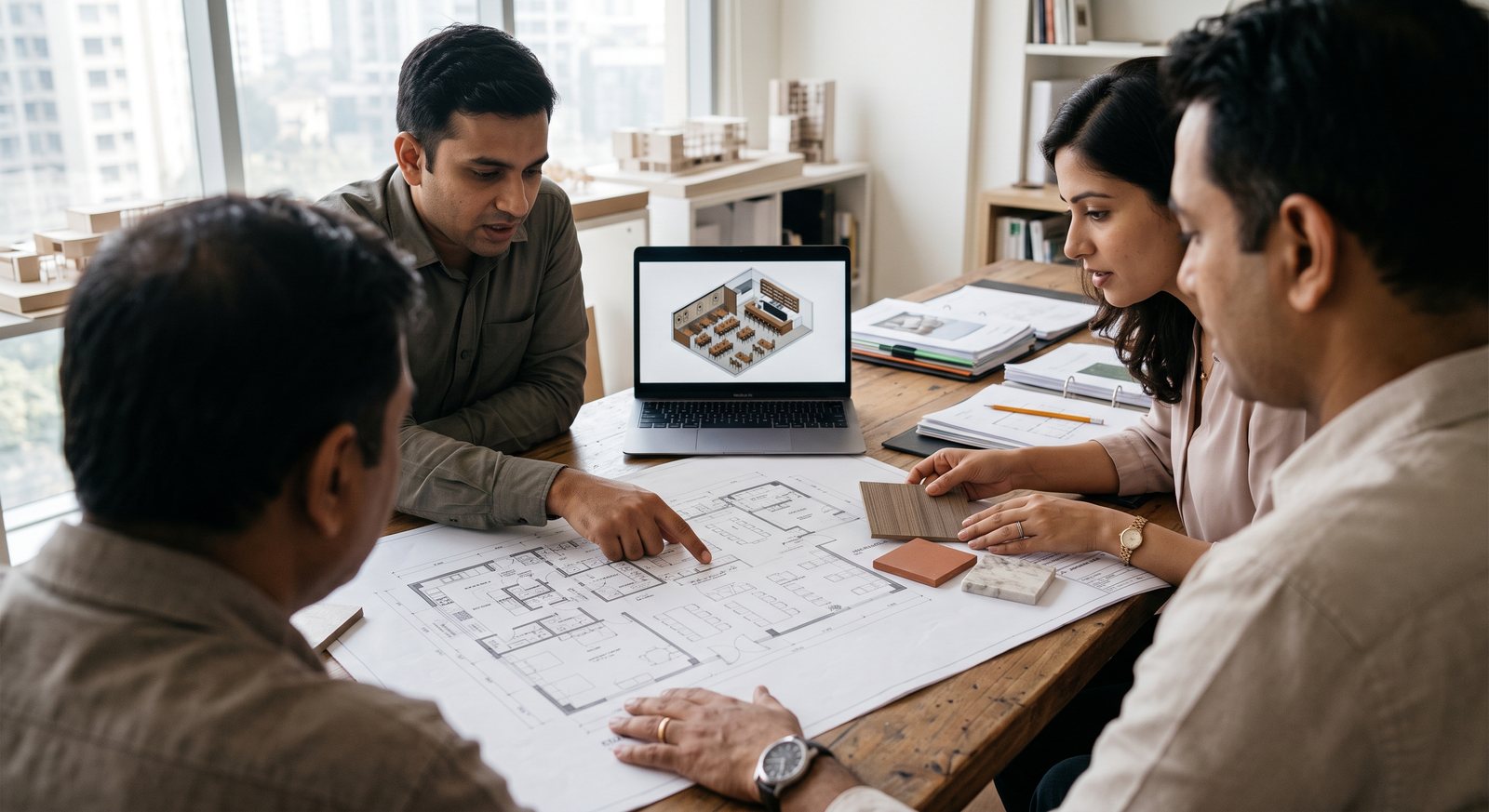 Restaurant owners reviewing floor plans, material samples and a 3D layout with the design team