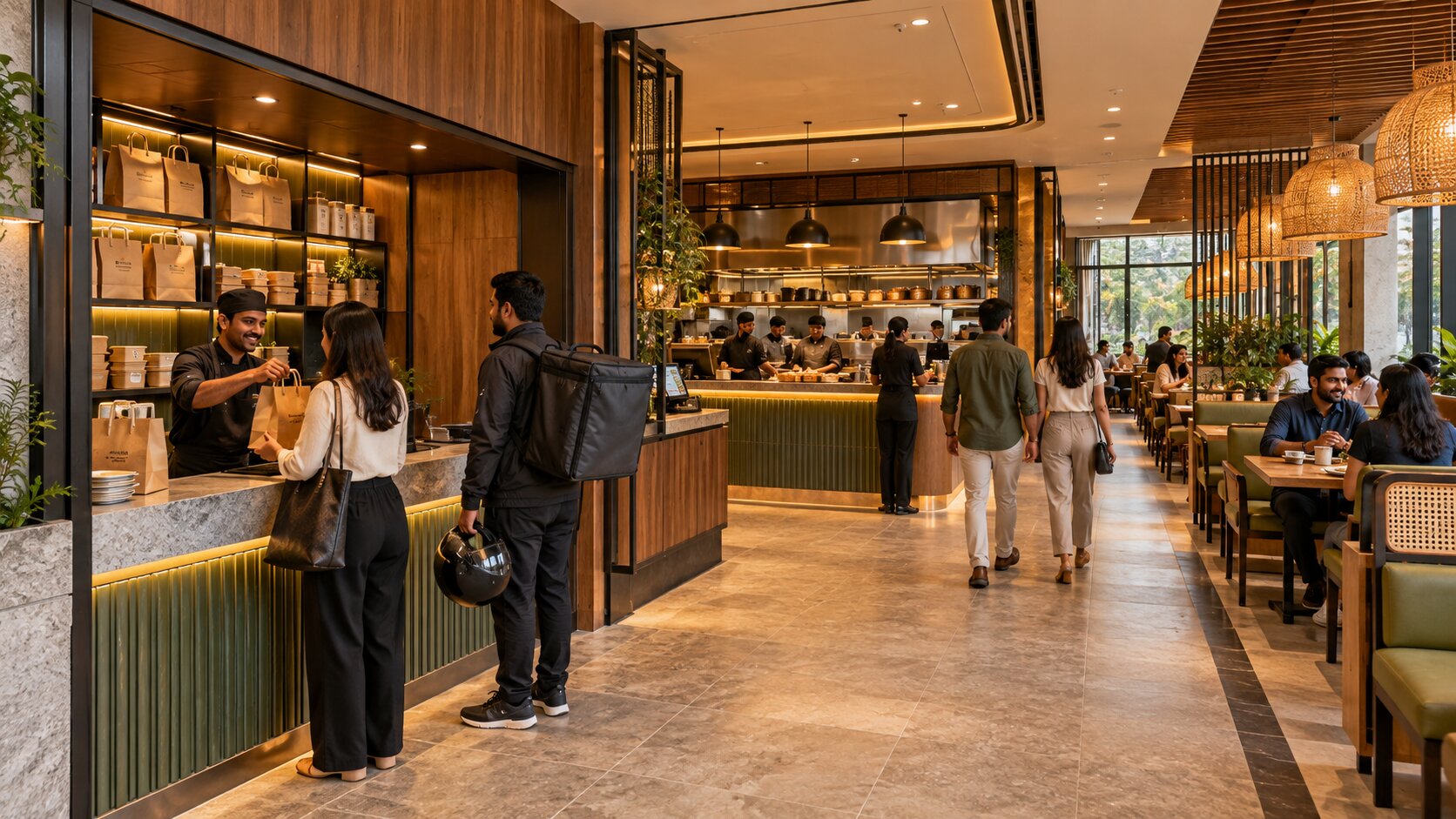 Restaurant with a dedicated takeaway and delivery pickup counter beside the dining area, with the open kitchen behind