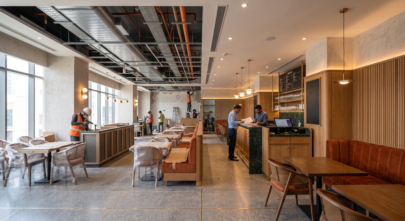 Restaurant nearing completion with services, joinery, lighting and furniture being installed in parallel by one coordinated team