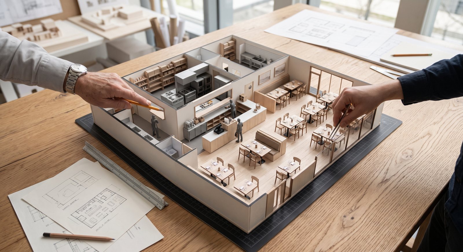 Owner and designer pointing at a restaurant scale model showing the kitchen, back-of-house and dining layout