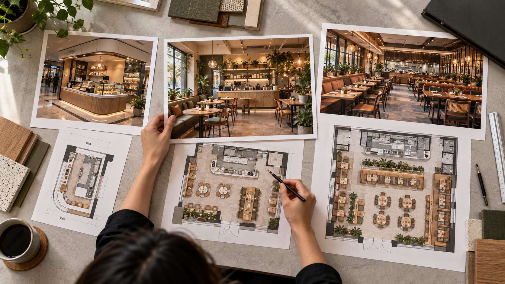 Portfolio review of kiosk, caf&eacute; and restaurant projects laid out next to their floor plans