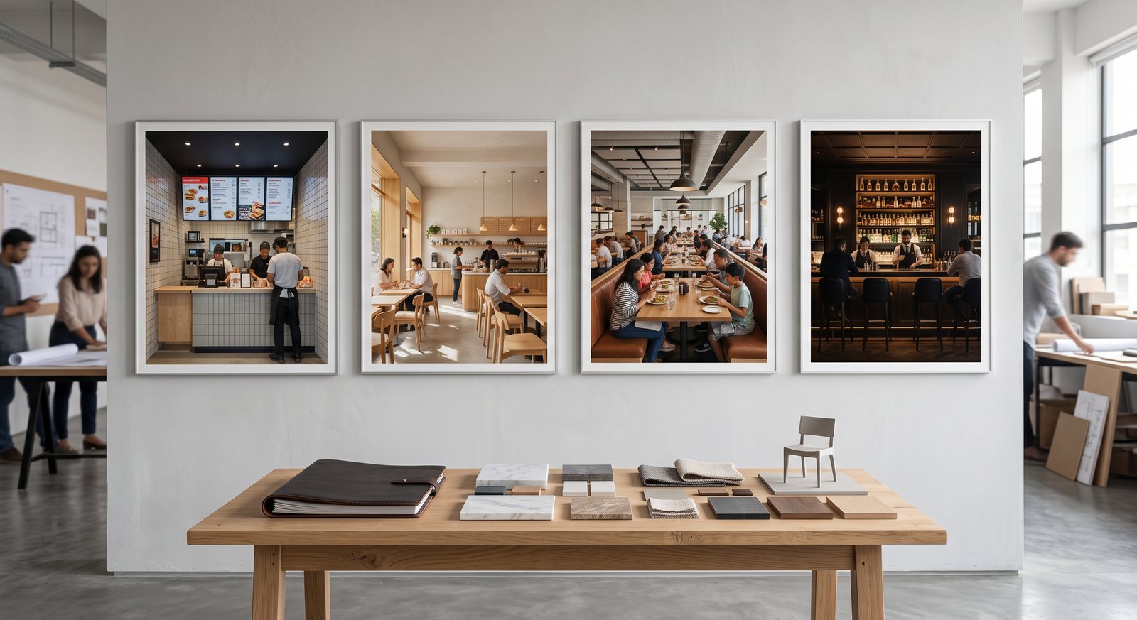 Design studio wall displaying completed QSR, caf&eacute;, restaurant and bar projects side by side