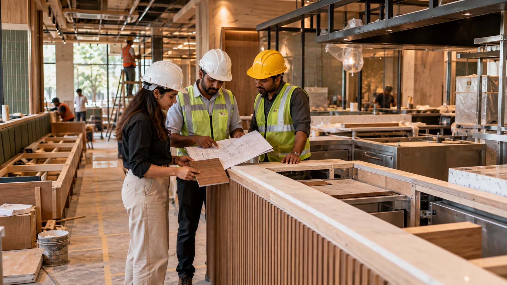 Designer and site engineers checking working drawings and a finish sample at a restaurant counter under construction