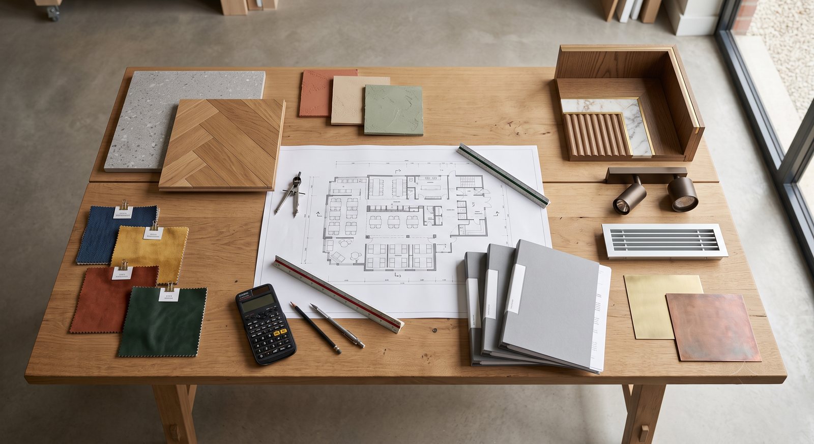 Restaurant finish samples, fabric swatches, lighting and a floor plan laid out with a calculator for early budget planning