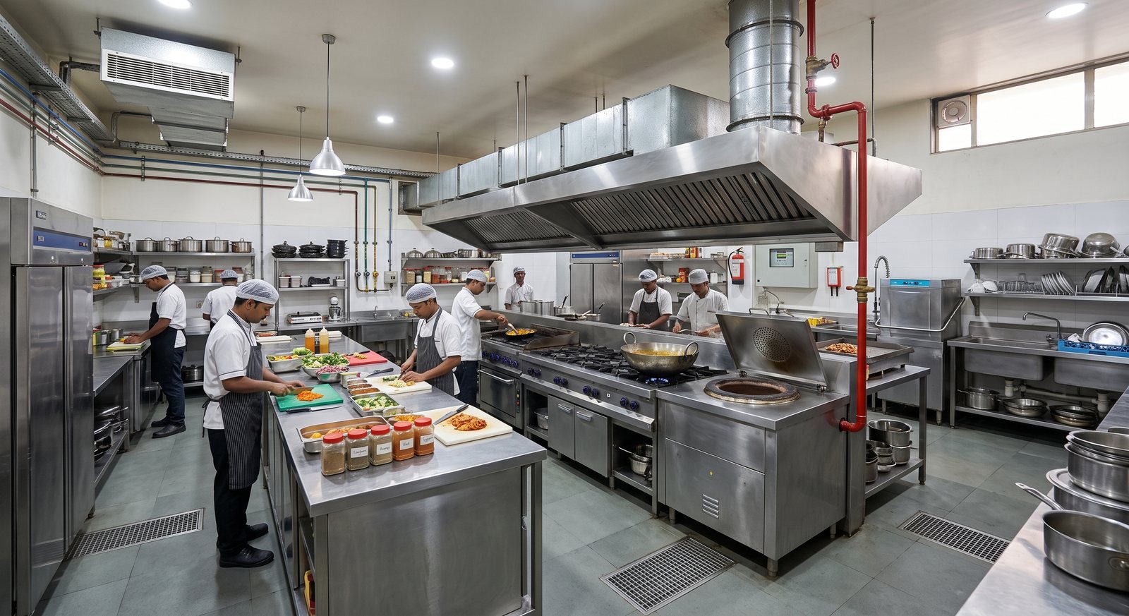Heavy-production restaurant kitchen with a large exhaust hood, ducting, gas lines and stainless steel cooking range