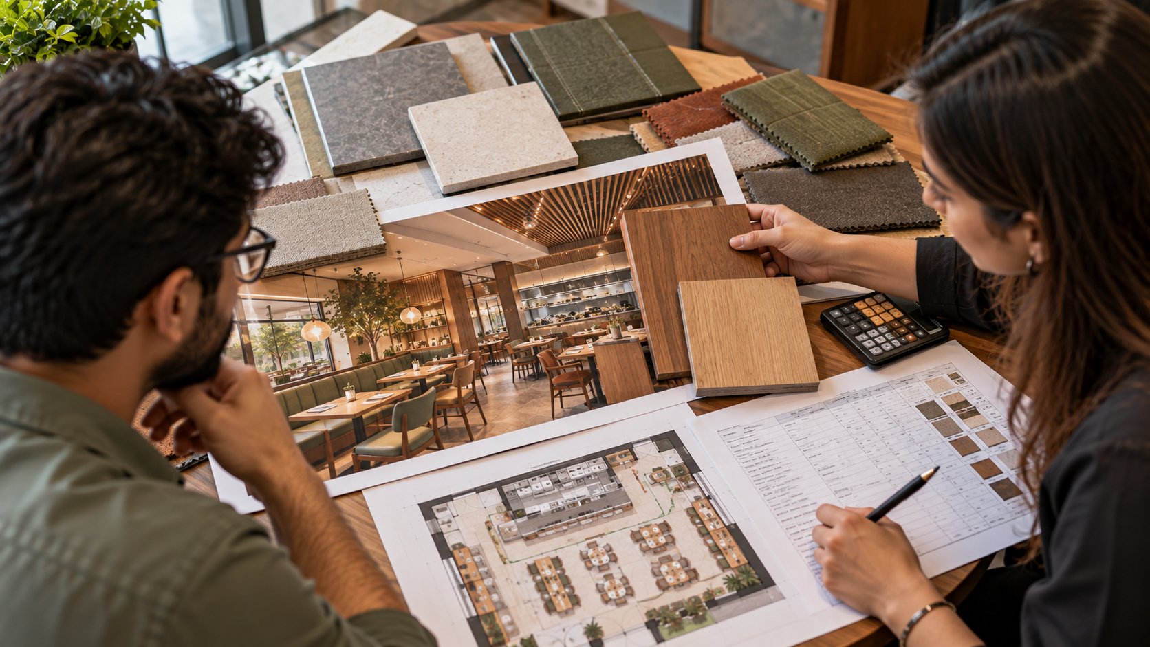 Restaurant finish samples reviewed against a cost schedule and floor plan to keep the design within budget