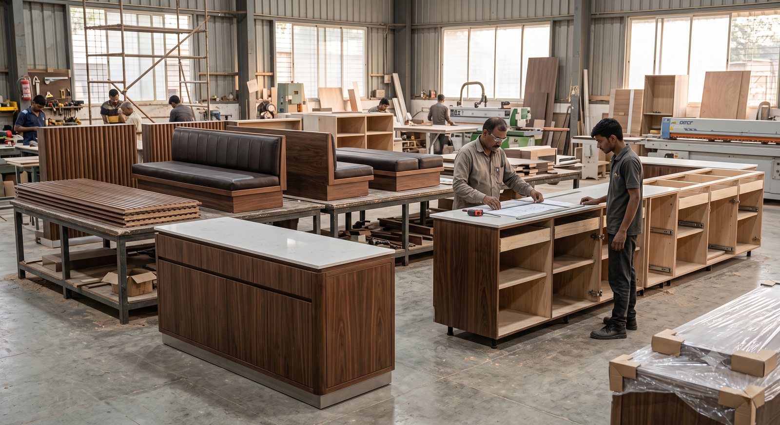 Joinery workshop fabricating restaurant counters, fluted panels and upholstered banquettes before site installation