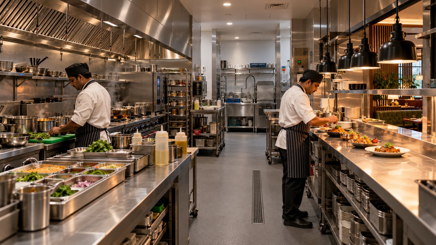 Restaurant kitchen line running from prep and cooking to a plating pass that opens directly onto the dining room