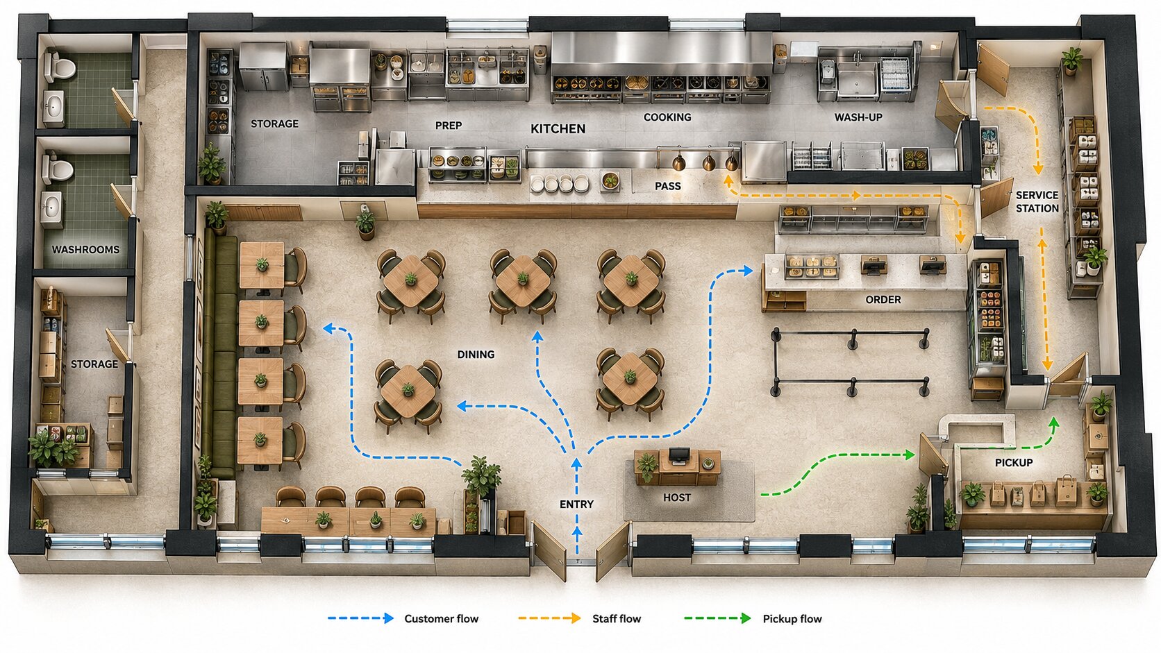 Annotated restaurant floor plan showing separate customer, staff and pickup flows between entry, host, dining, order counter, kitchen pass, service station and pickup zone
