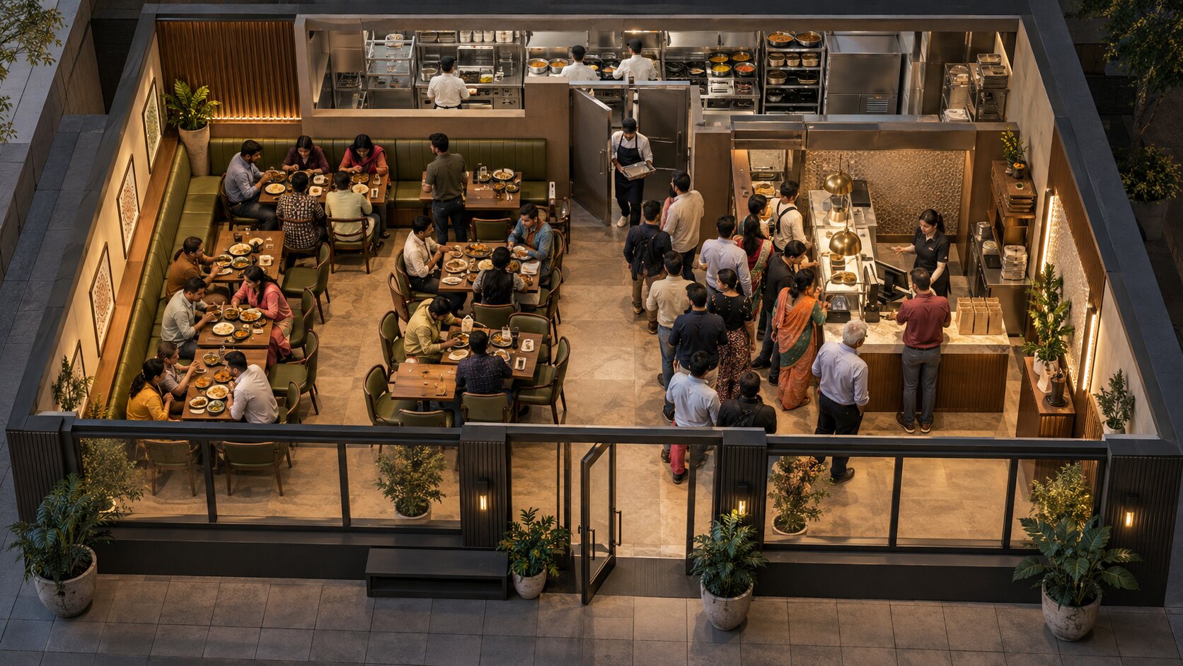 Aerial cutaway of a restaurant showing the entry, ordering queue, dining zone with banquettes, open kitchen and takeaway pickup counter
