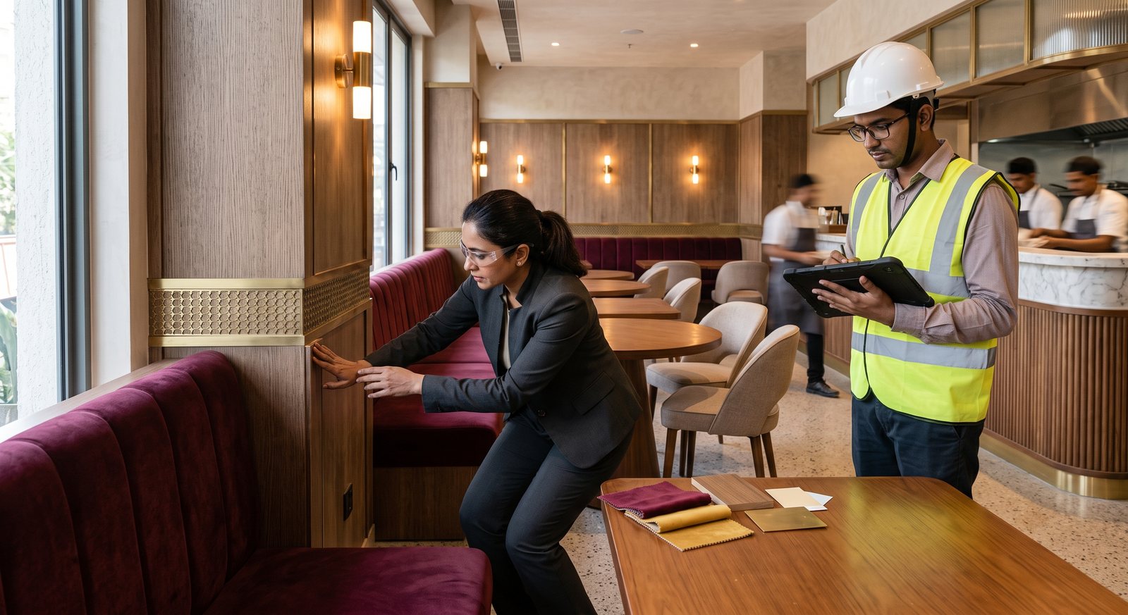 Lead designer checking joinery finishes and a site engineer recording snags in a nearly finished restaurant