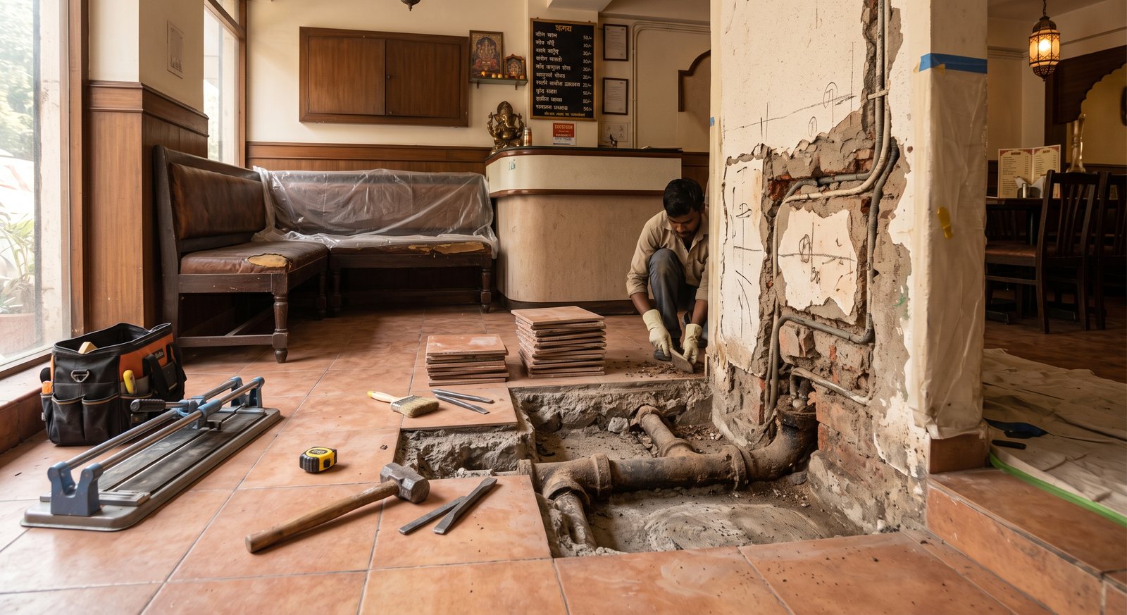 Restaurant renovation with the floor and wall opened up to reveal old drainage pipes and concealed services