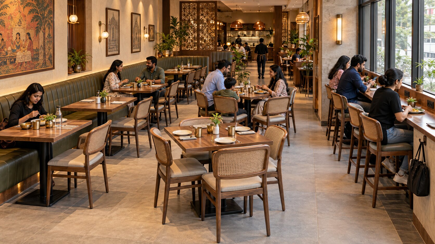 Restaurant dining room with a seating mix of wall banquettes, two-top and four-top tables and window counter stools