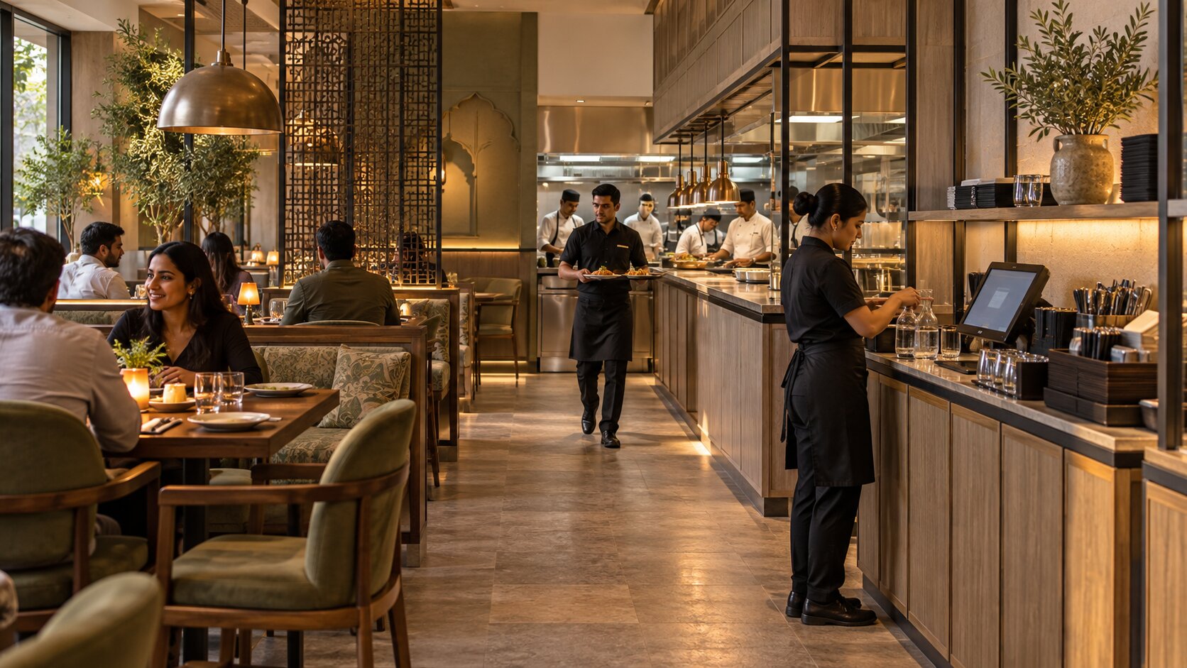 Server carrying plates from the kitchen pass along a clear service aisle, with a service station placed away from guest seating