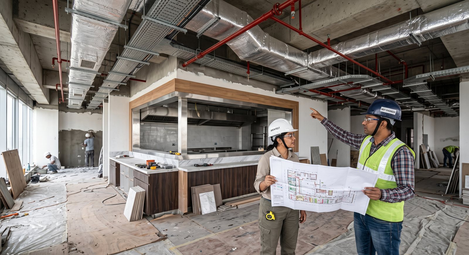 Architect and site engineer reviewing MEP drawings in a restaurant under construction with exposed ducts and cable trays