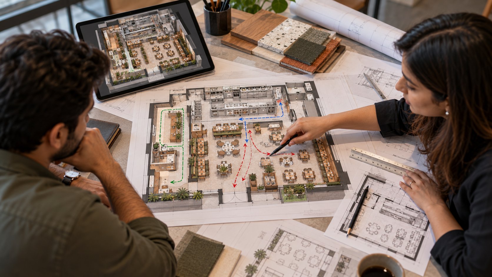 Designer explaining a restaurant floor plan marked with customer, staff and service flow routes
