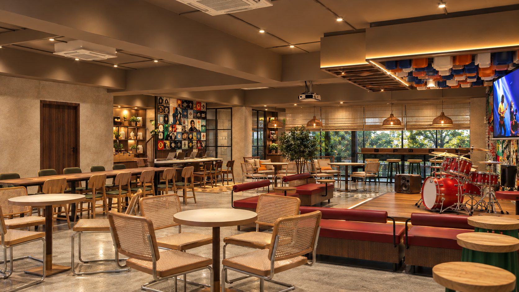 The Revolver Club Bengaluru - cafe floor with cane chairs, communal tables and live music stage (concept render)