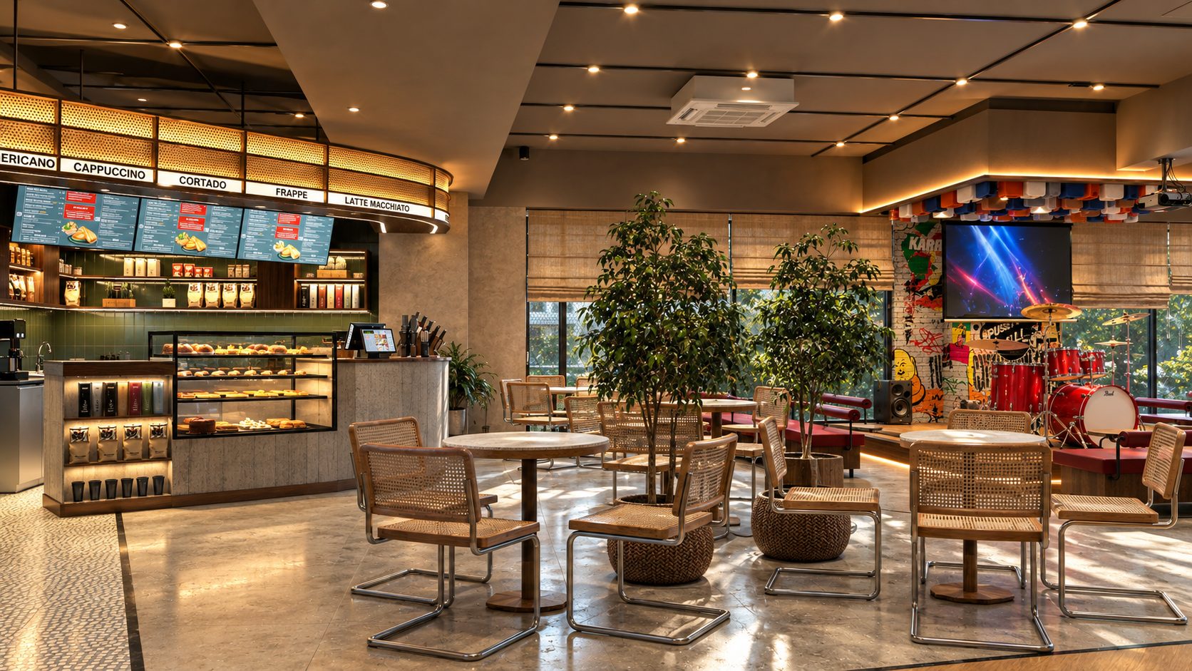 The Revolver Club Bengaluru - coffee bar beside the live music stage and drum kit (concept render)