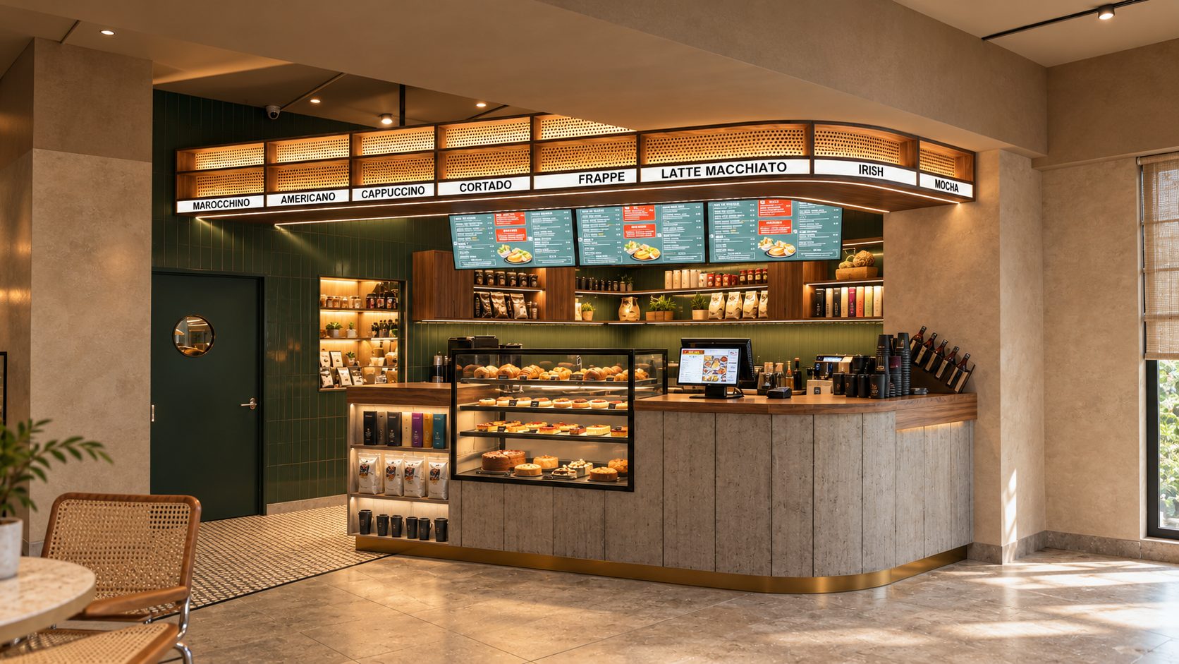 The Revolver Club Bengaluru - green-tiled coffee counter with illuminated menu crown and pastry display (concept render)