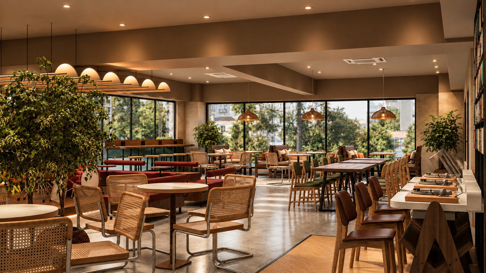 The Revolver Club Bengaluru - sunlit lounge with turntable counter seating (concept render)