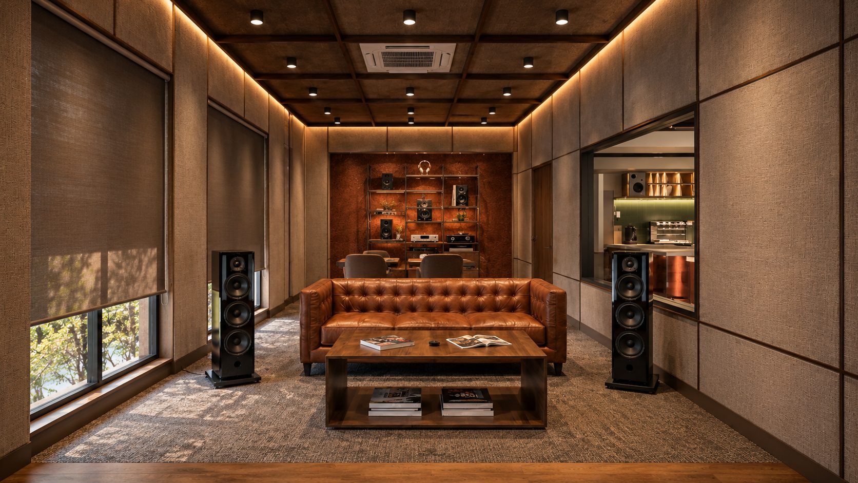 The Revolver Club Bengaluru - hi-fi listening room with acoustic panels, leather sofa and floor-standing speakers (concept render)
