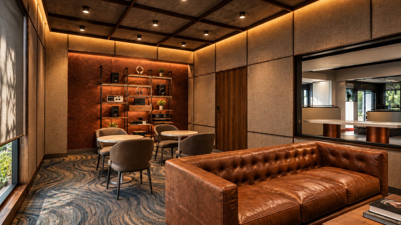 The Revolver Club Bengaluru - hi-fi room lounge seating with audio display shelving (concept render)
