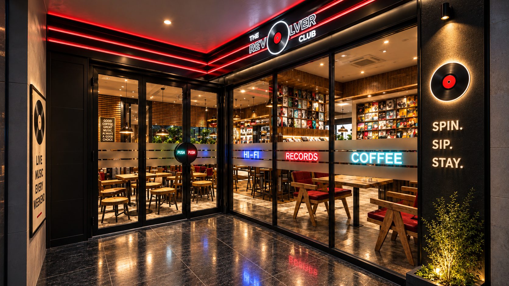 The Revolver Club Bengaluru - neon vinyl cafe facade with Hi-Fi, Records and Coffee signage (concept render)