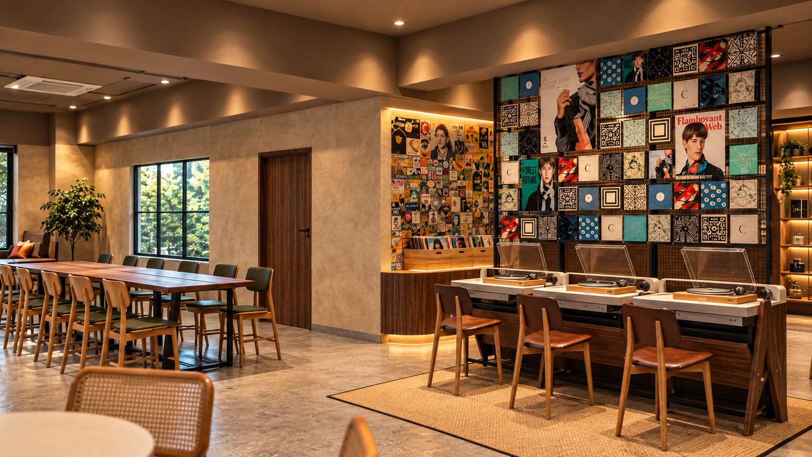 The Revolver Club Bengaluru - turntable listening stations in front of a vinyl record wall (concept render)
